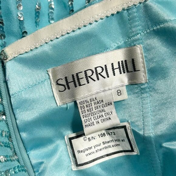 Sherri Hill 100% Silk Light Blue Gown with Sequins Strapless Prom Dress Size 8 - Picture 11 of 15